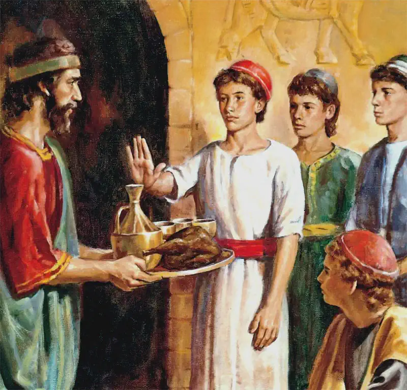 Sfinții trei tineri - Anania, Azaria și Misail refuzânt mâncarea de la masa împăratului pentru a se hrani cu semințe 17 decembrie - pravila.ro